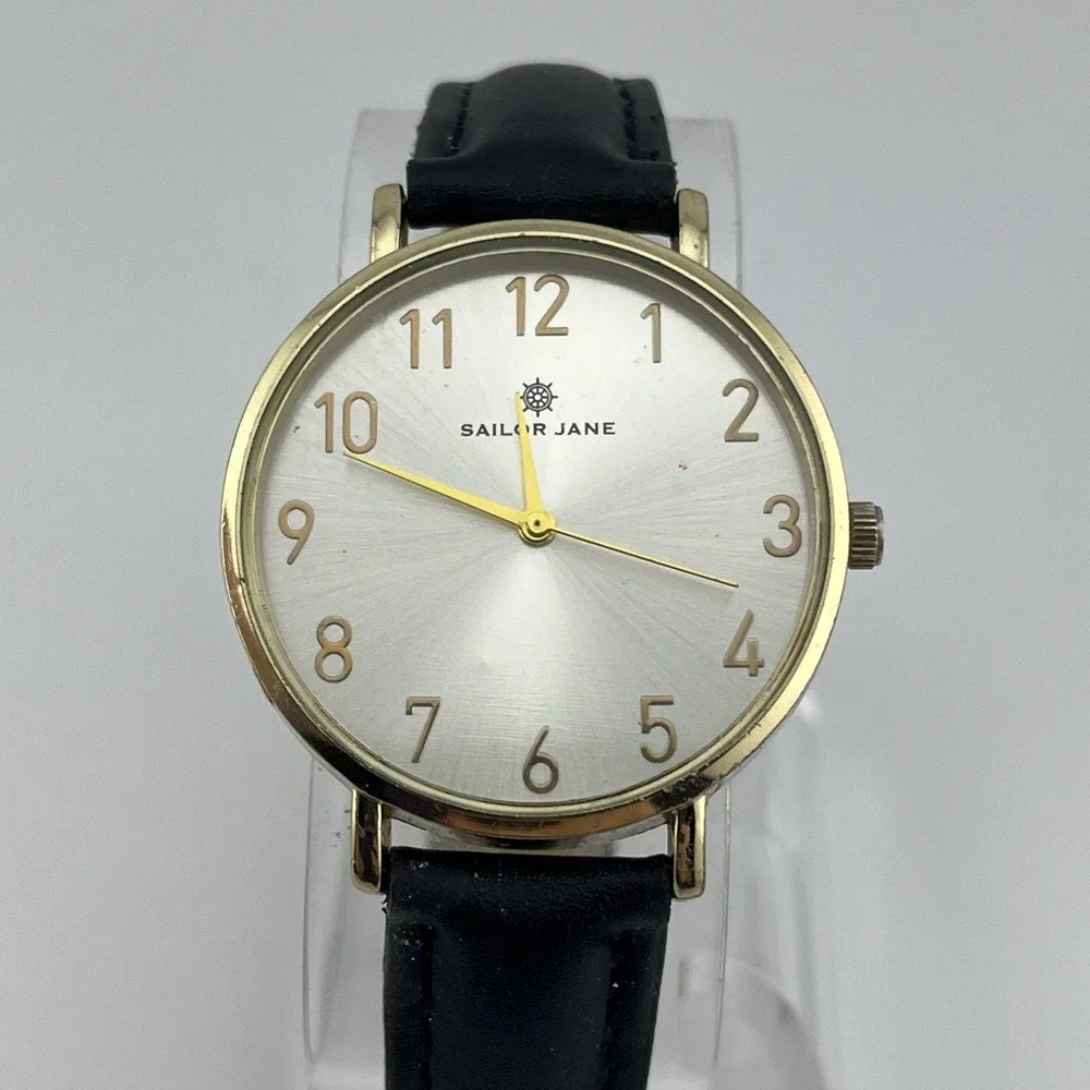 Sailor Jane Watch Women 36mm Gold Case Black Faux Leather Band- New Battery